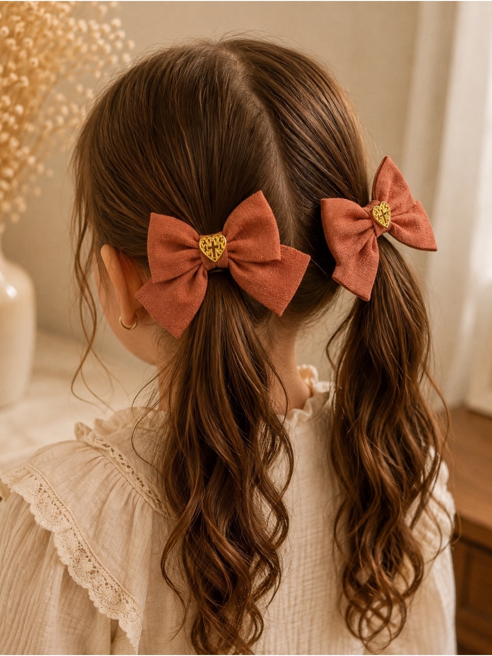 Girls Rust Bow Hair Clips with Gold Heart Accent
